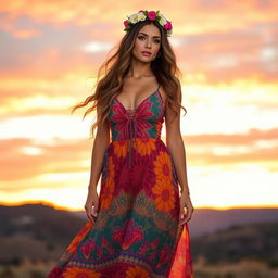 A stunning woman standing in a vibrant sunset landscape, wearing a flowing, colorful maxi dress that billows gently in the breeze