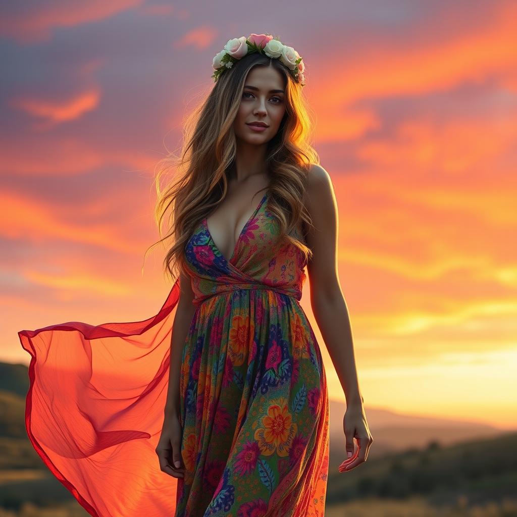 A stunning woman standing in a vibrant sunset landscape, wearing a flowing, colorful maxi dress that billows gently in the breeze