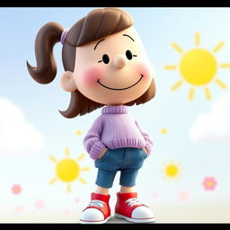 A female Peanuts character wearing a light purple sweater, blue jeans, and red shoes with white tips