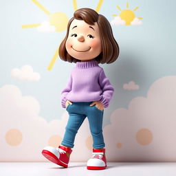 A female Peanuts character wearing a light purple sweater, blue jeans, and red shoes with white tips
