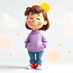 A female Peanuts character wearing a light purple sweater, blue jeans, and red shoes with white tips