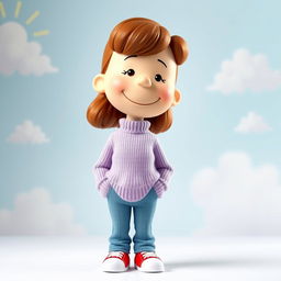 A female Peanuts character wearing a light purple sweater, blue jeans, and red shoes with white tips