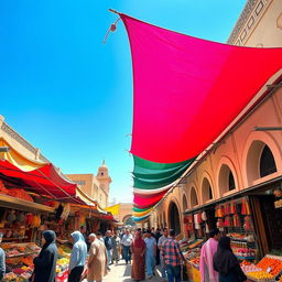 A vibrant street market scene in a Middle Eastern city, featuring colorful stalls overflowing with spices, fruits, and handcrafted goods