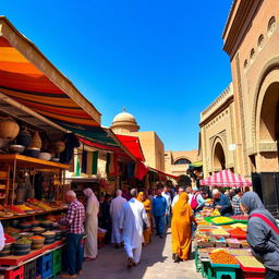 A vibrant street market scene in a Middle Eastern city, featuring colorful stalls overflowing with spices, fruits, and handcrafted goods
