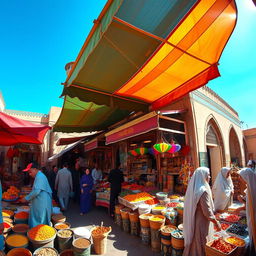 A vibrant street market scene in a Middle Eastern city, featuring colorful stalls overflowing with spices, fruits, and handcrafted goods