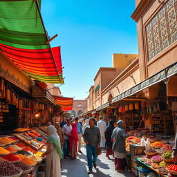 A vibrant street market scene in a Middle Eastern city, featuring colorful stalls overflowing with spices, fruits, and handcrafted goods