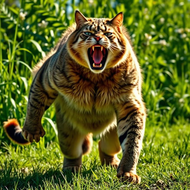 A large and powerful cat, filled with rage, stands in a vibrant green landscape