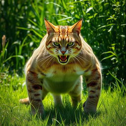 A large and powerful cat, filled with rage, stands in a vibrant green landscape
