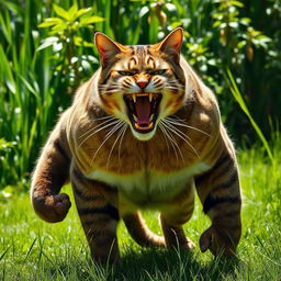 A large and powerful cat, filled with rage, stands in a vibrant green landscape