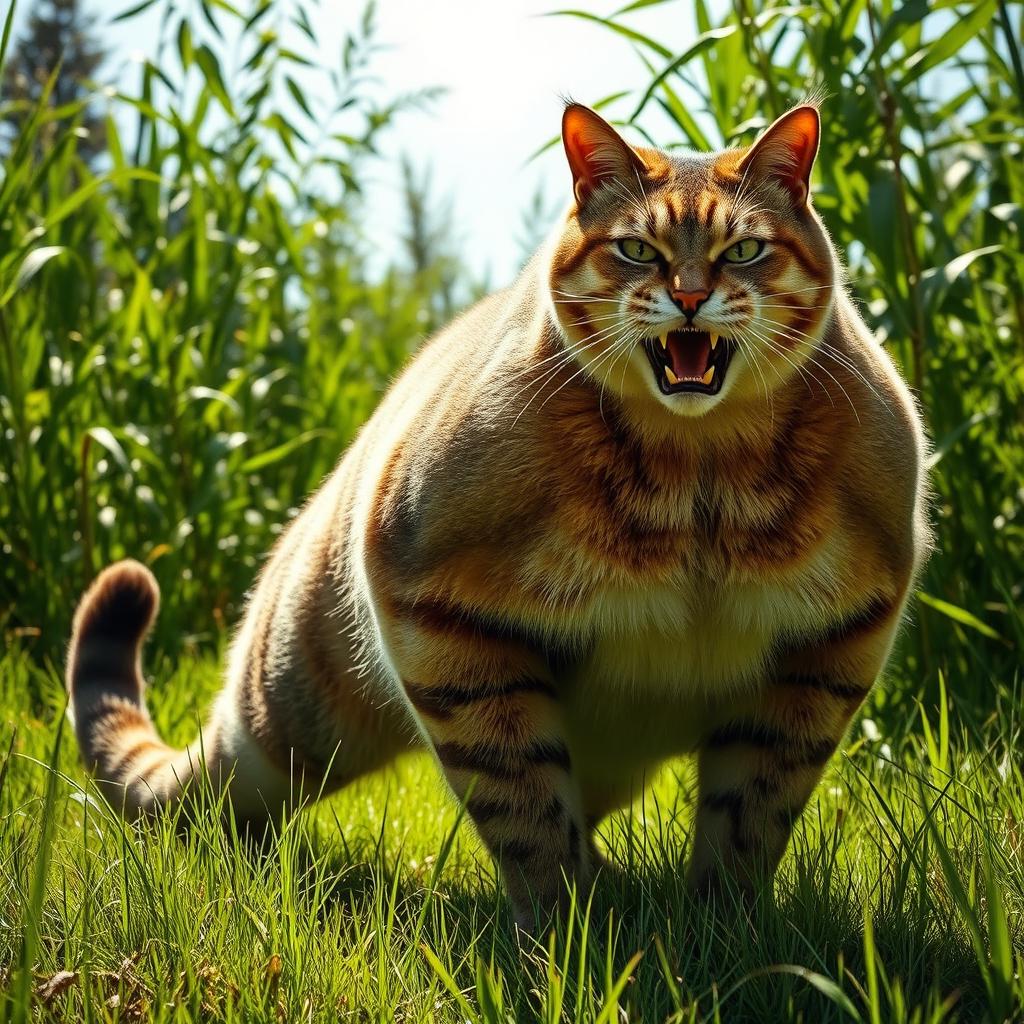 A large and powerful cat, filled with rage, stands in a vibrant green landscape