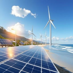 A vibrant poster showcasing a coastal landscape featuring solar power plants and wind turbines working harmoniously together