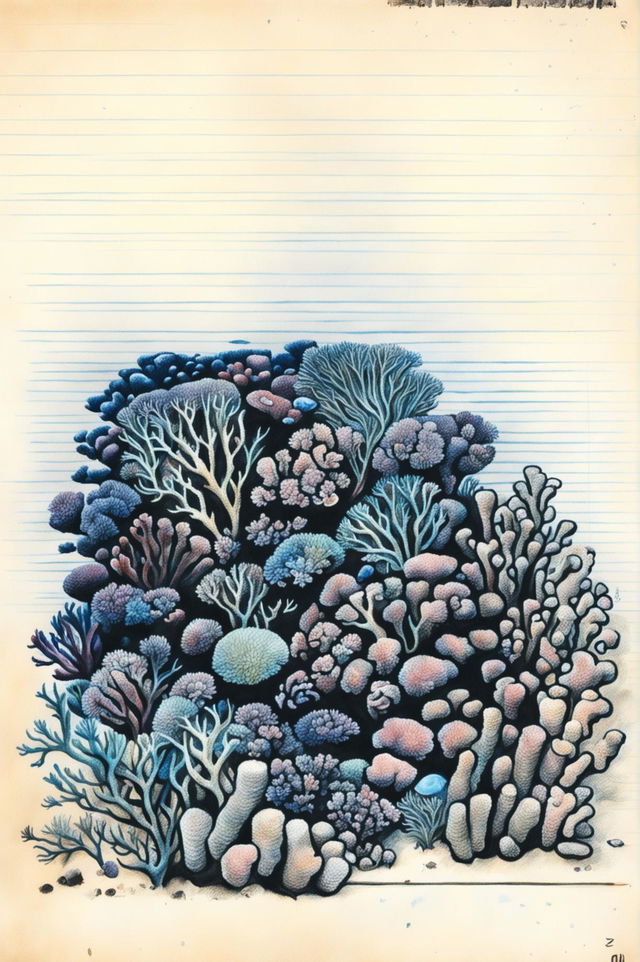 An intricate pencil sketch on a lined pad, depicting a detailed and realistic scene of a coral reef, filled with various corals, sea anemones, and small fish