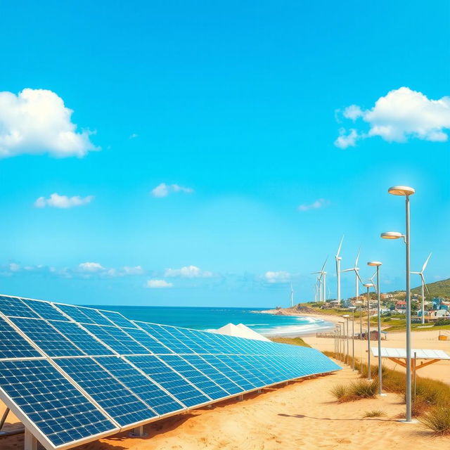 A vibrant poster showcasing a coastal landscape featuring solar power plants and wind turbines working harmoniously together