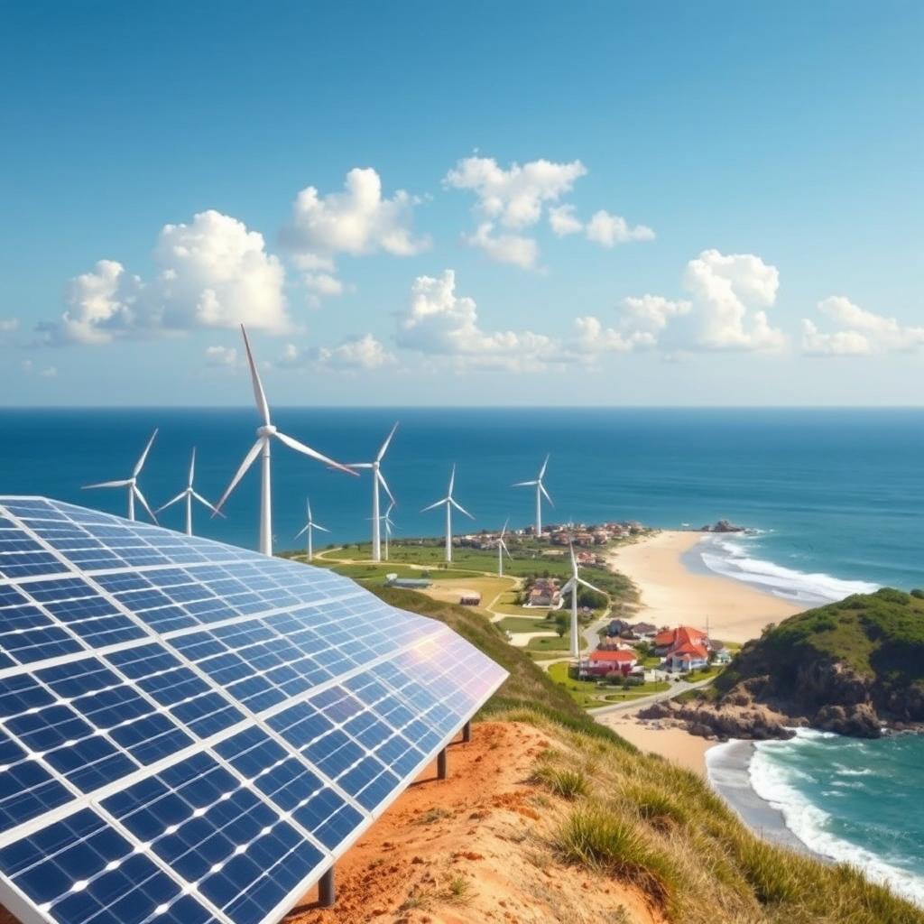 A vibrant poster showcasing a coastal landscape featuring solar power plants and wind turbines working harmoniously together