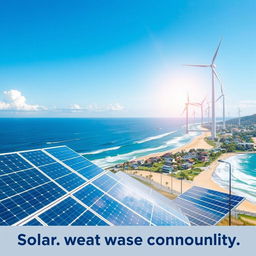 A vibrant poster showcasing a coastal landscape featuring solar power plants and wind turbines working harmoniously together