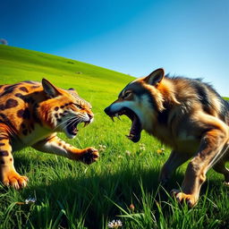 A large, muscular cat with an intense expression, glaring angrily at a fierce wolf, both in a dynamic pose as they are engaged in a fierce battle