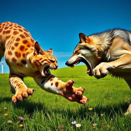 A large, muscular cat with an intense expression, glaring angrily at a fierce wolf, both in a dynamic pose as they are engaged in a fierce battle
