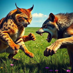A large, muscular cat with an intense expression, glaring angrily at a fierce wolf, both in a dynamic pose as they are engaged in a fierce battle