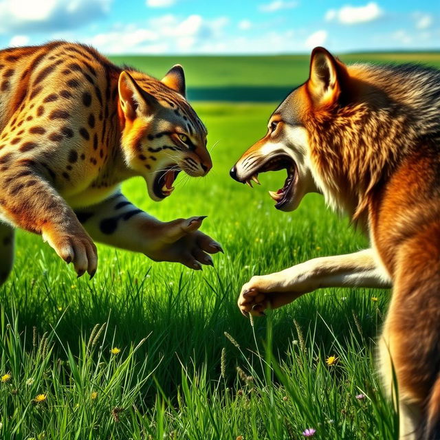 A large, muscular cat with an intense expression, glaring angrily at a fierce wolf, both in a dynamic pose as they are engaged in a fierce battle