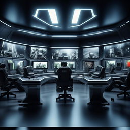 futuristic SWAT control room  with 5 chairs at console and 1 detached chair at separate screen  based on https://files.dreamhome.software/files/static/36651