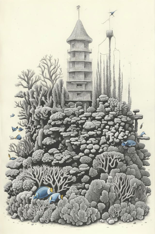 A Wes Anderson inspired pencil sketch of an underwater coral reef, characterized by symmetrical framing, meticulous detail, and a whimsical quality