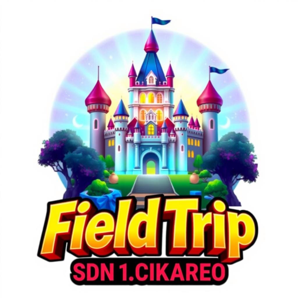 A vibrant 3D gaming logo showcasing the stunning Jatinangor Park castle as the focal point, with a captivating glow emanating from the background to create an enchanting atmosphere