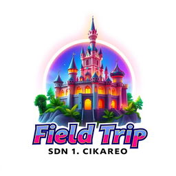 A vibrant 3D gaming logo showcasing the stunning Jatinangor Park castle as the focal point, with a captivating glow emanating from the background to create an enchanting atmosphere