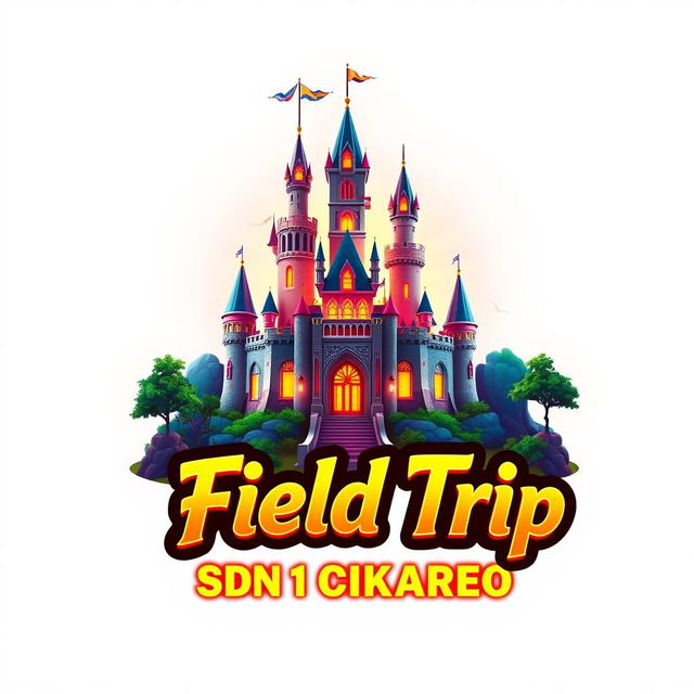 A vibrant 3D gaming logo showcasing the stunning Jatinangor Park castle as the focal point, with a captivating glow emanating from the background to create an enchanting atmosphere