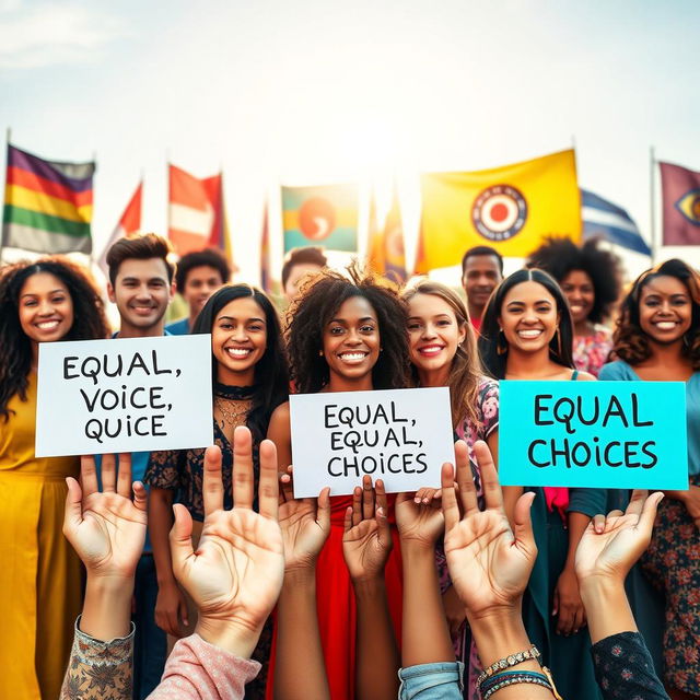 A powerful and inspiring scene depicting a diverse group of individuals representing various genders standing together in unity