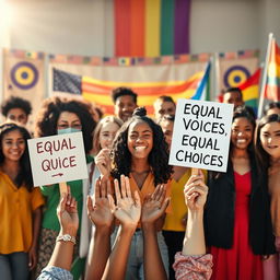 A powerful and inspiring scene depicting a diverse group of individuals representing various genders standing together in unity