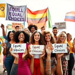 A powerful and inspiring scene depicting a diverse group of individuals representing various genders standing together in unity