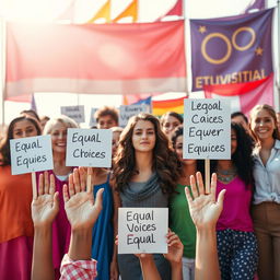 A powerful and inspiring scene depicting a diverse group of individuals representing various genders standing together in unity