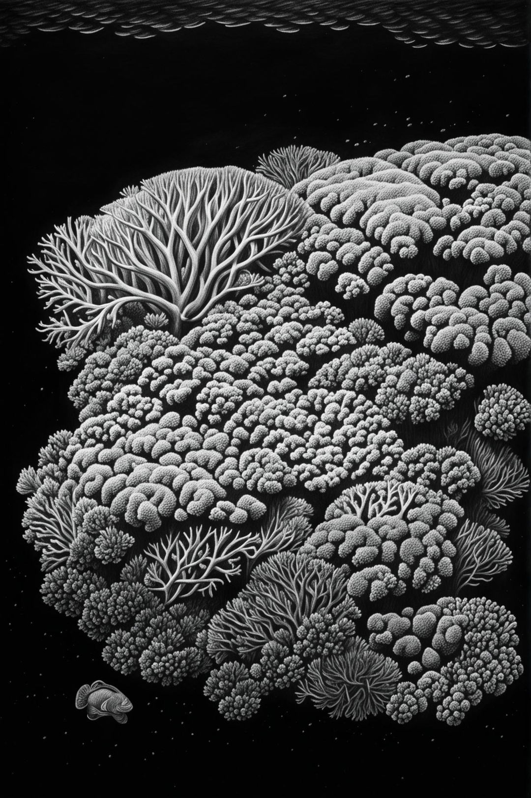 A simple, minimalist charcoal drawing of a coral reef