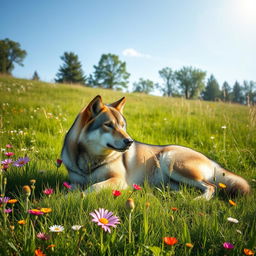 A serene and tranquil scene depicting a majestic wolf lying peacefully in a lush green meadow