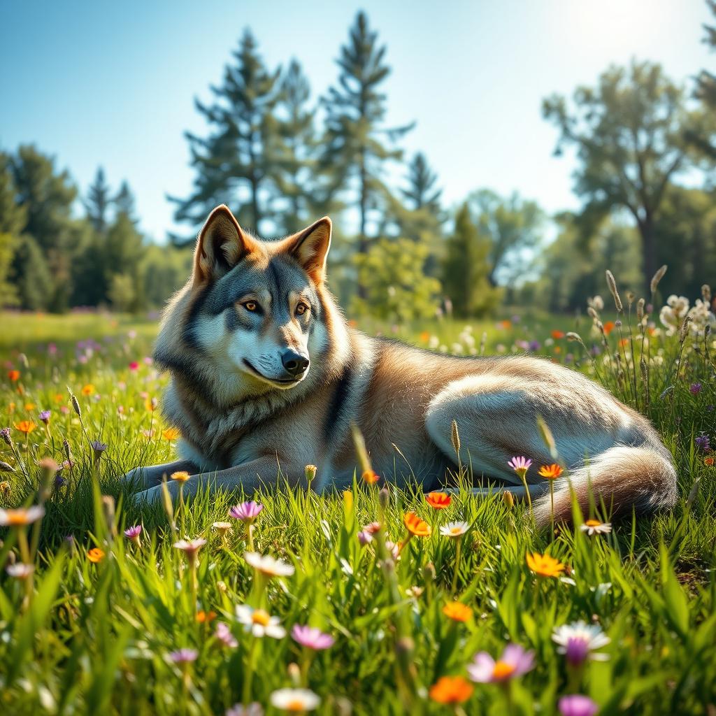 A serene and tranquil scene depicting a majestic wolf lying peacefully in a lush green meadow