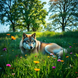A serene and tranquil scene depicting a majestic wolf lying peacefully in a lush green meadow