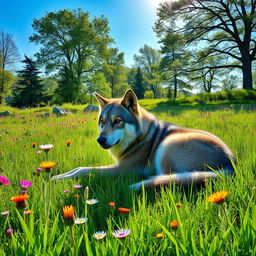 A serene and tranquil scene depicting a majestic wolf lying peacefully in a lush green meadow
