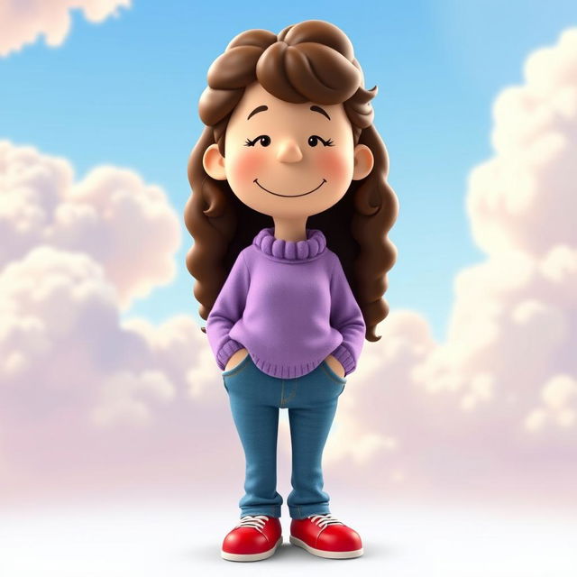 A female Peanuts character with long, curly hair, wearing a light purple sweater, blue jeans, and red shoes with white tips