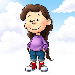 A female Peanuts character with long, curly hair, wearing a light purple sweater, blue jeans, and red shoes with white tips