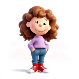A female Peanuts character with long, curly hair, wearing a light purple sweater, blue jeans, and red shoes with white tips