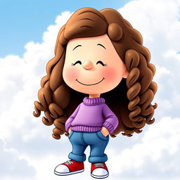 A female Peanuts character with long, curly hair, wearing a light purple sweater, blue jeans, and red shoes with white tips
