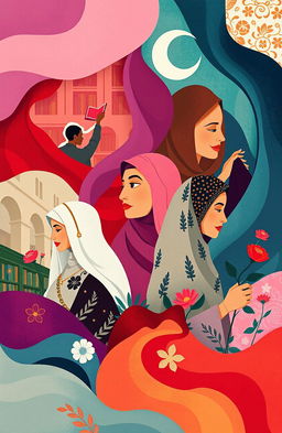 An abstract illustration representing the struggle of great Muslim women throughout history, featuring a blend of vibrant colors symbolizing strength and resilience