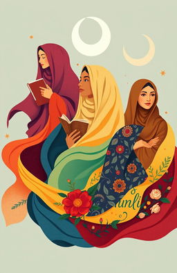 An abstract illustration representing the struggle of great Muslim women throughout history, featuring a blend of vibrant colors symbolizing strength and resilience
