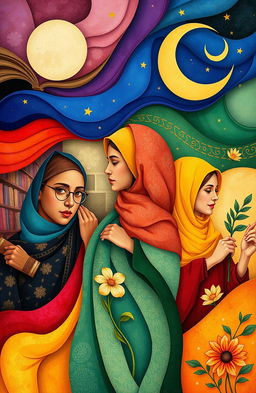 An abstract illustration representing the struggle of great Muslim women throughout history, featuring a blend of vibrant colors symbolizing strength and resilience