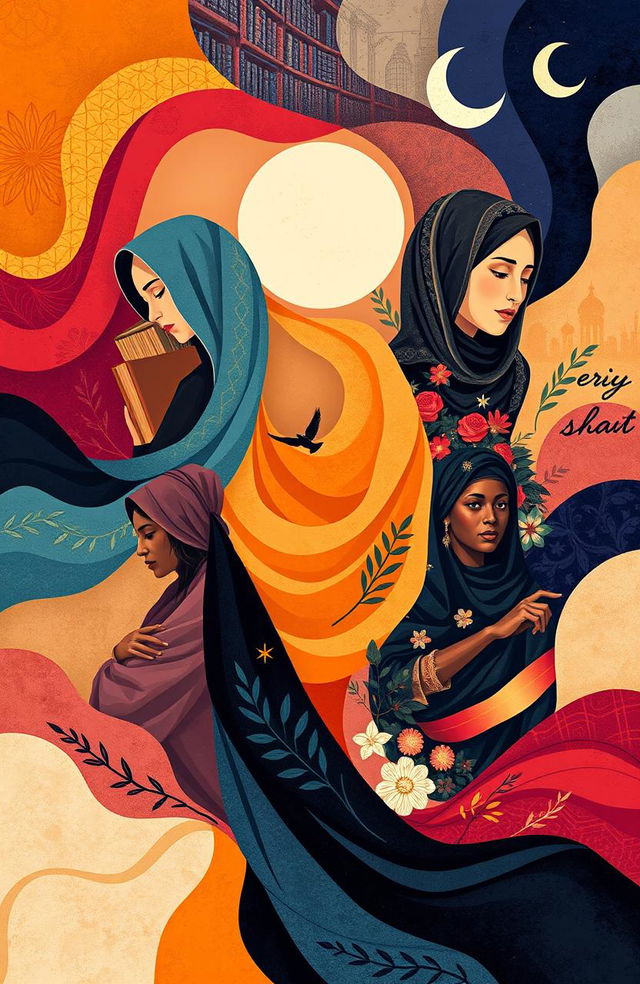 An abstract illustration representing the struggle of great Muslim women throughout history, featuring a blend of vibrant colors symbolizing strength and resilience