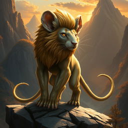 A fantastical hybrid creature combining a powerful, muscular lion's body with a mouse's head, showcasing intricate whiskers, large ears, and a long tail