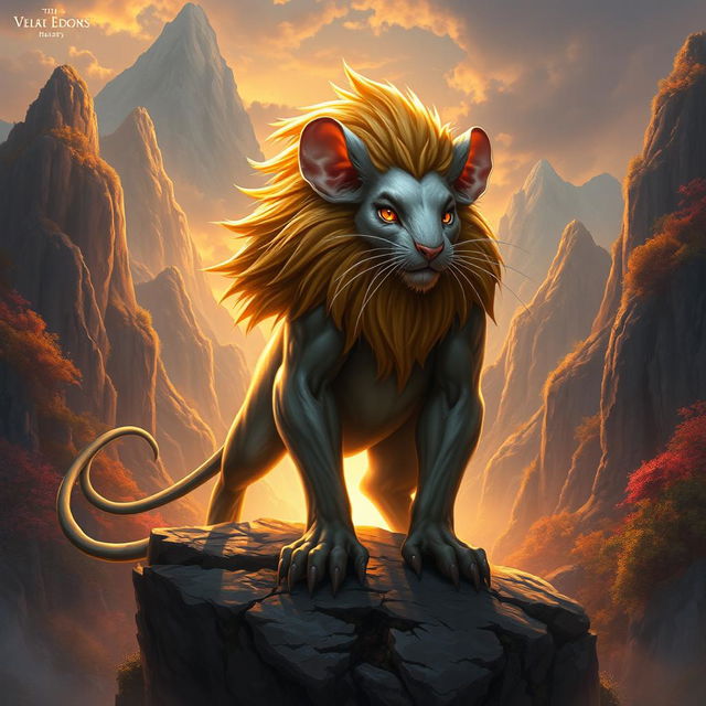 A fantastical hybrid creature combining a powerful, muscular lion's body with a mouse's head, showcasing intricate whiskers, large ears, and a long tail