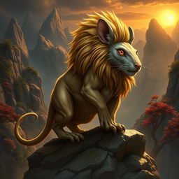 A fantastical hybrid creature combining a powerful, muscular lion's body with a mouse's head, showcasing intricate whiskers, large ears, and a long tail