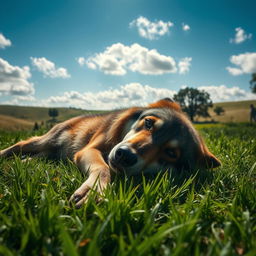 A wolf lying on a lush green meadow, its fur matted and its eyes wide open in a look of fear