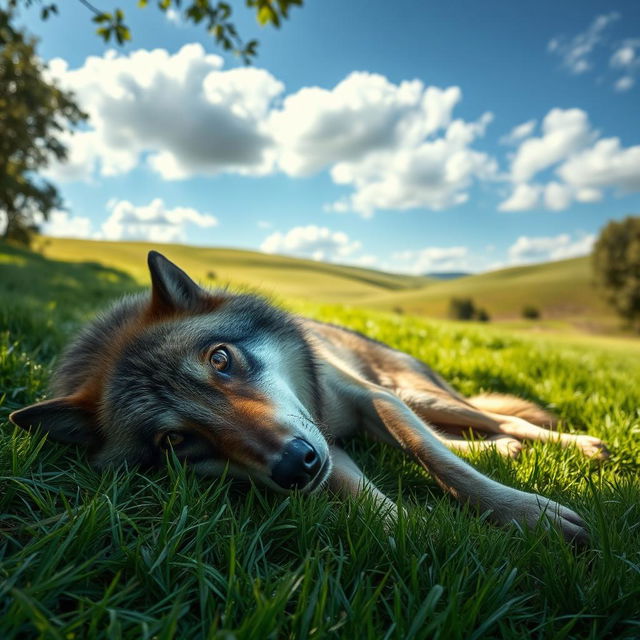 A wolf lying on a lush green meadow, its fur matted and its eyes wide open in a look of fear